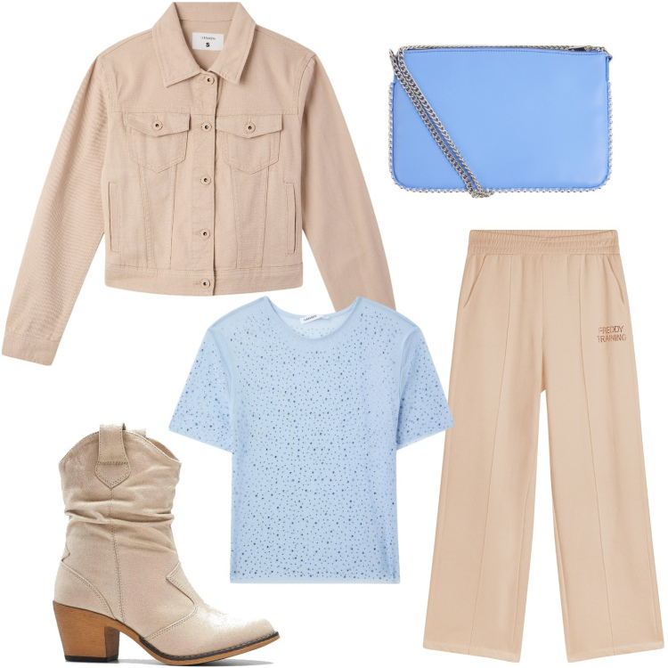 Outfit donna - Camperos glam. Stile Bon Ton per Ufficio. Abbinamento con stivaletti texani, borse a tracolla, t-shirt, blazer, pantaloni.