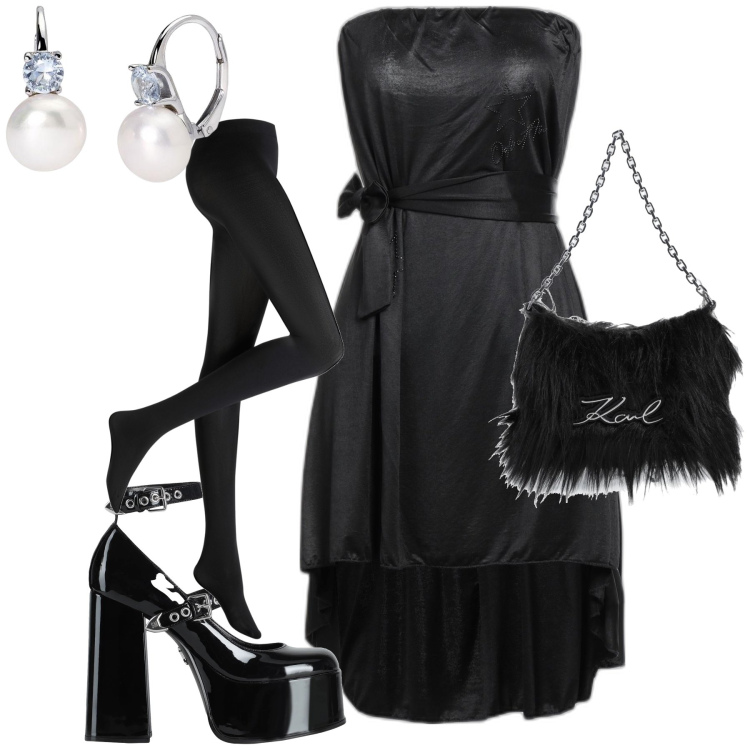 Outfit donna - Perle e plateau. Stile Glamour per Serata fuori. Abbinamento con collant, borse a mano, vestiti corti, décolleté, orecchini.