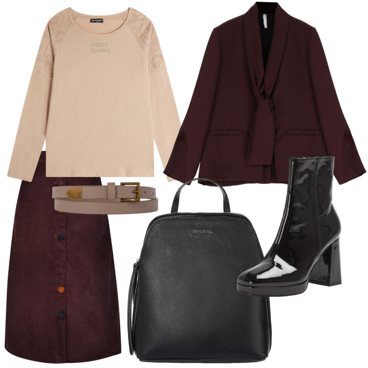 Outfit donna - Completo coffee. Stile Minimal per Ufficio. Abbinamento con stivaletti, blazer, zaini, t-shirt, cinture, gonne longuette.