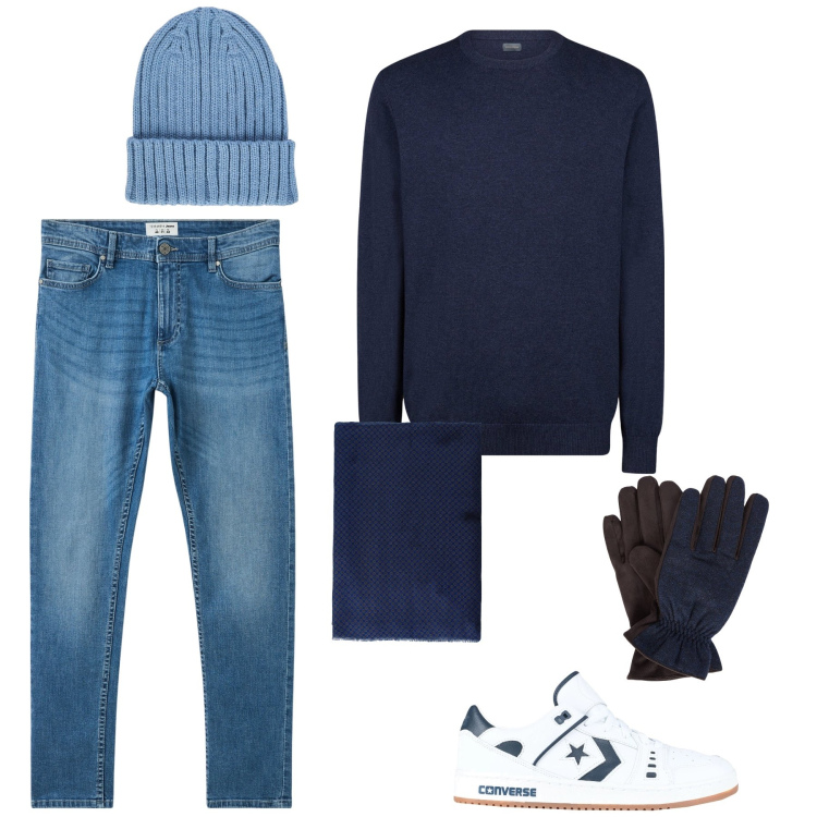 Outfit uomo - In città. Stile Casual per Tutti i giorni. Abbinamento con sneakers, jeans skinny, sciarpe e foulard, maglieria, berretti, guanti.