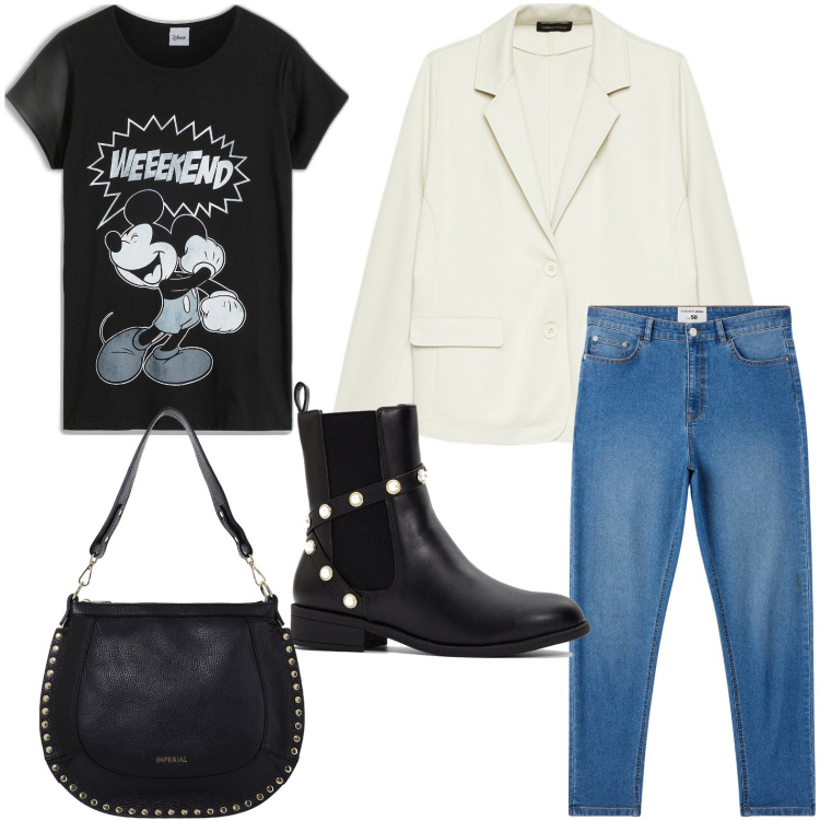 Outfit donna - Arriva il weekend. Stile Minimal per Scuola/Università. Abbinamento con t-shirt, stivaletti, jeans skinny, borse a spalla, blazer.
