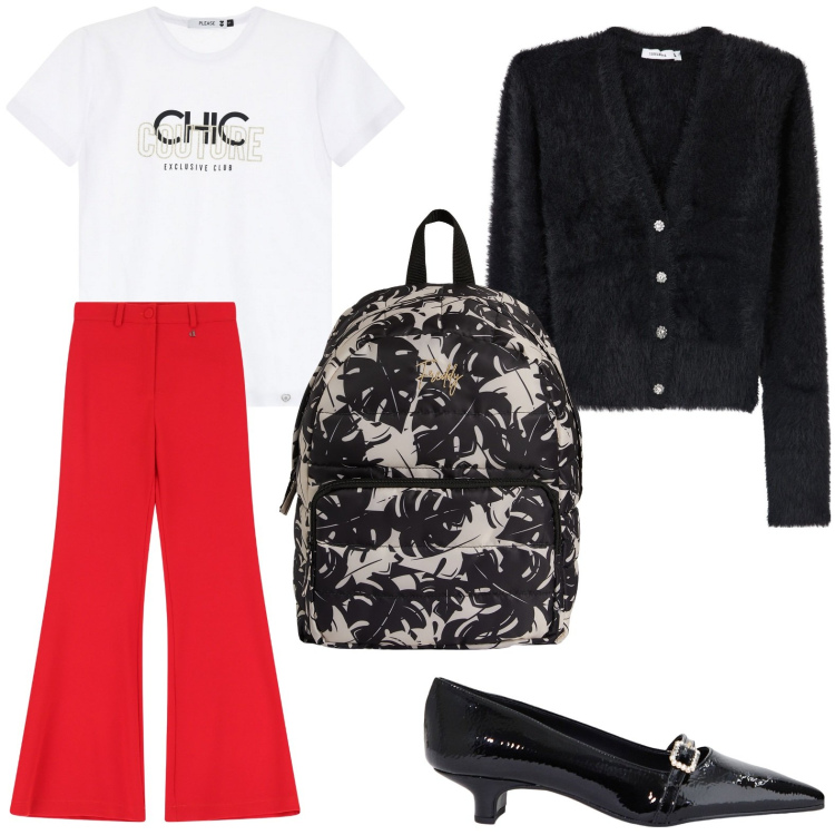 Outfit donna - Lo zaino con stampa. Stile Bon Ton per Scuola/Università. Abbinamento con cardigans, t-shirt, ballerine, zaini, pantaloni.