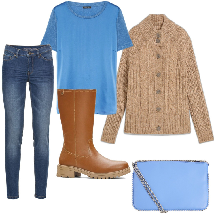 Outfit donna - Lo stivale mocha. Stile Basic per Scuola/Università. Abbinamento con jeans skinny, cardigans, stivali, borse a tracolla, t-shirt.