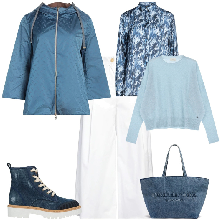 Outfit donna - Primavera. Stile Trendy per Ufficio. Abbinamento con camicie, stivaletti, blazer, pantaloni, pullovers, shopping bag.