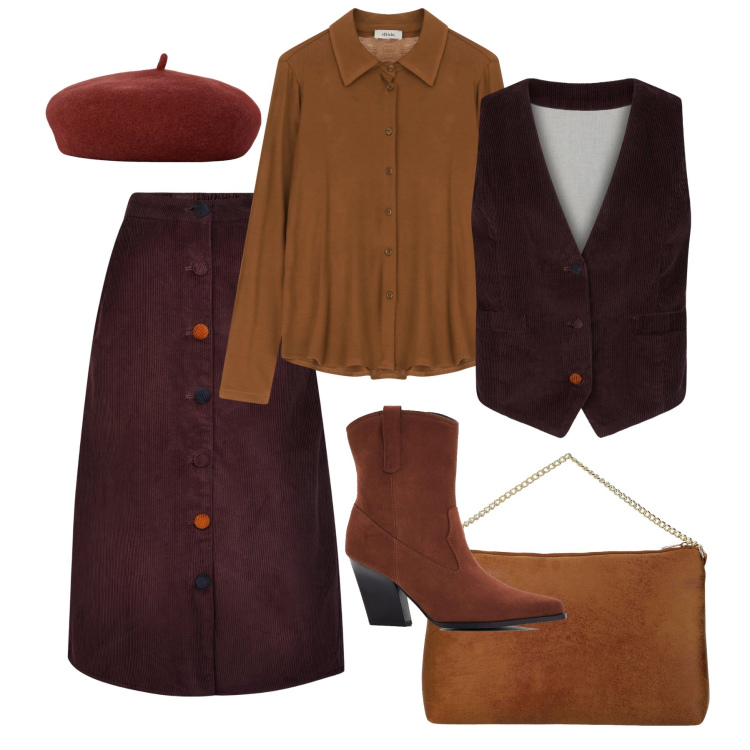Outfit donna - Bottoni multicolor su gonna e gilet. Stile Vintage retrò per Tutti i giorni. Abbinamento con stivaletti texani, camicie, pochette, cappelli e berretti, gilet, gonne longuette.