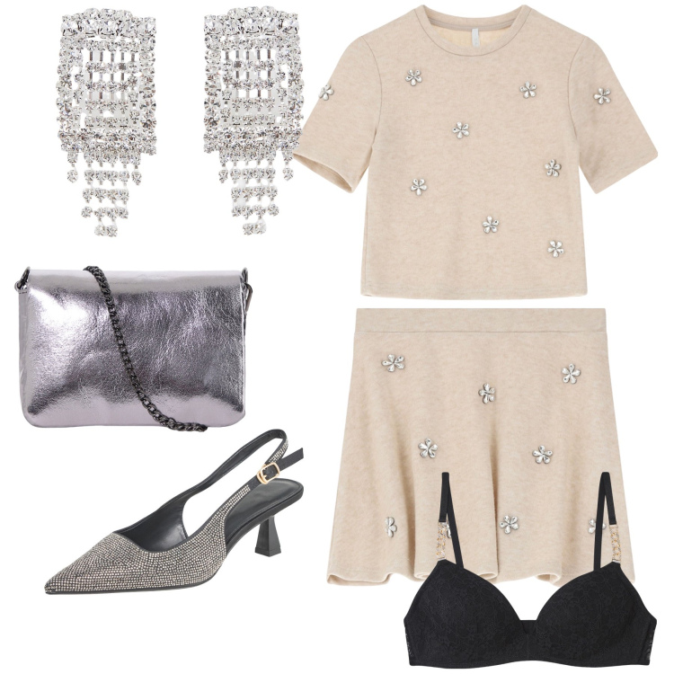 Outfit donna - Tutto luccicante pure spalline bra. Stile Glamour per Serata fuori. Abbinamento con reggiseni, décolleté, minigonne, maglieria, orecchini, pochette.