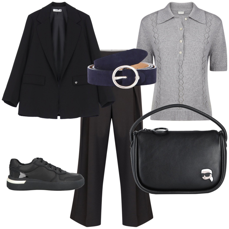 Outfit donna - Ufficio in sneakers. Stile Urban per Ufficio. Abbinamento con sneakers, borse a mano, blazer, cinture, polo, pantaloni.