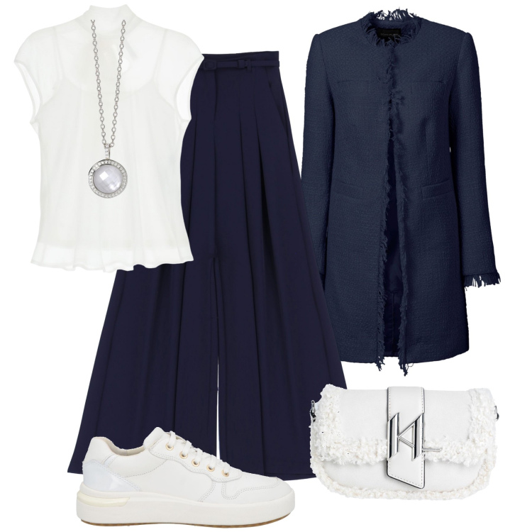 Outfit donna - Blu e bianco. Stile Glamour per Ufficio. Abbinamento con blazer, sneakers, borse a spalla, collane, pantaloni, top.