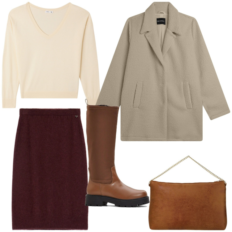 Outfit donna - Comoda e trendy. Stile Basic per Ufficio. Abbinamento con stivali, maglieria, cappotti, gonne longuette, pochette.
