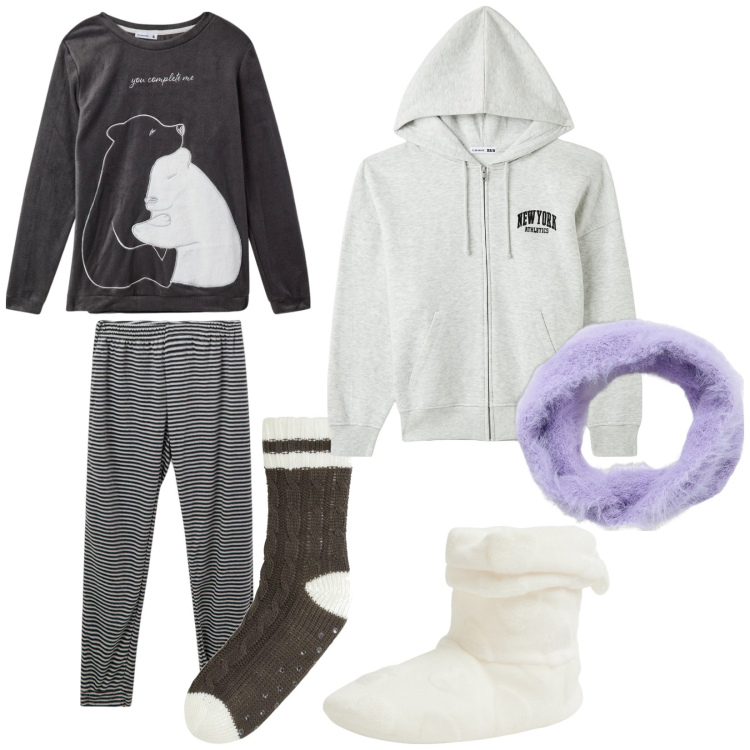 Outfit donna - Pomeriggio coccoloso. Stile Basic per Tutti i giorni. Abbinamento con calzini, pantofole, fasce per capelli, felpe con cappuccio, pigiama.
