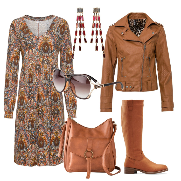 Outfit donna - Boho rivisitato. Stile Boho per Tutti i giorni. Abbinamento con vestiti, borse a tracolla, stivali, occhiali da sole, orecchini, blazer.