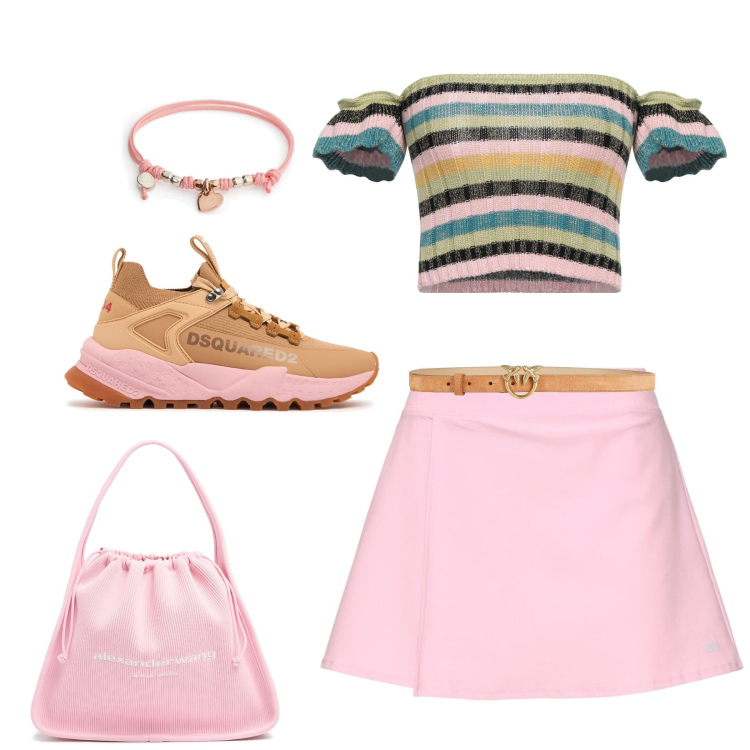 Outfit donna - Primo appuntamento. Stile Basic Abbinamento con top, cinture, borse a spalla, braccialetti, sneakers, gonne.