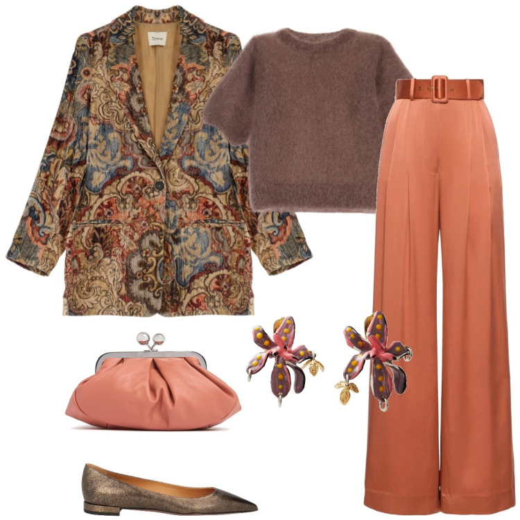 Outfit donna - Total look #2046508. Stile Etnico per Tutti i giorni. Abbinamento con orecchini, ballerine, t-shirt, blazer, pochette, pantaloni.