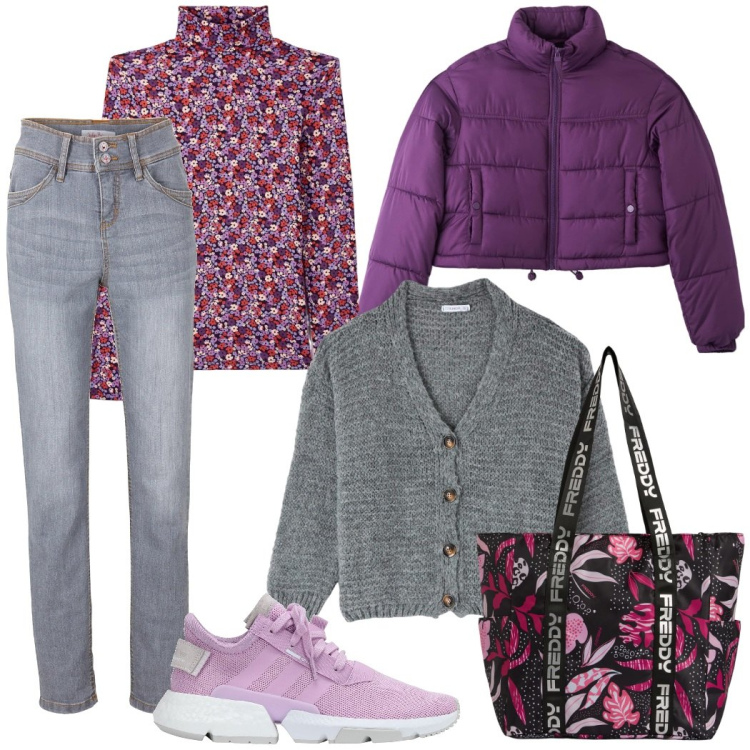 Outfit donna - A lezione. Stile Casual chic per Scuola/Università. Abbinamento con jeans slim fit, sneakers, t-shirt, piumini, cardigans, shopping bag.