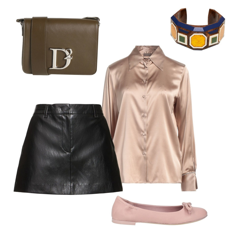 Outfit donna - Sfumature cipria. Stile Casual chic per Tutti i giorni. Abbinamento con ballerine, borse a tracolla, braccialetti, camicie, minigonne.