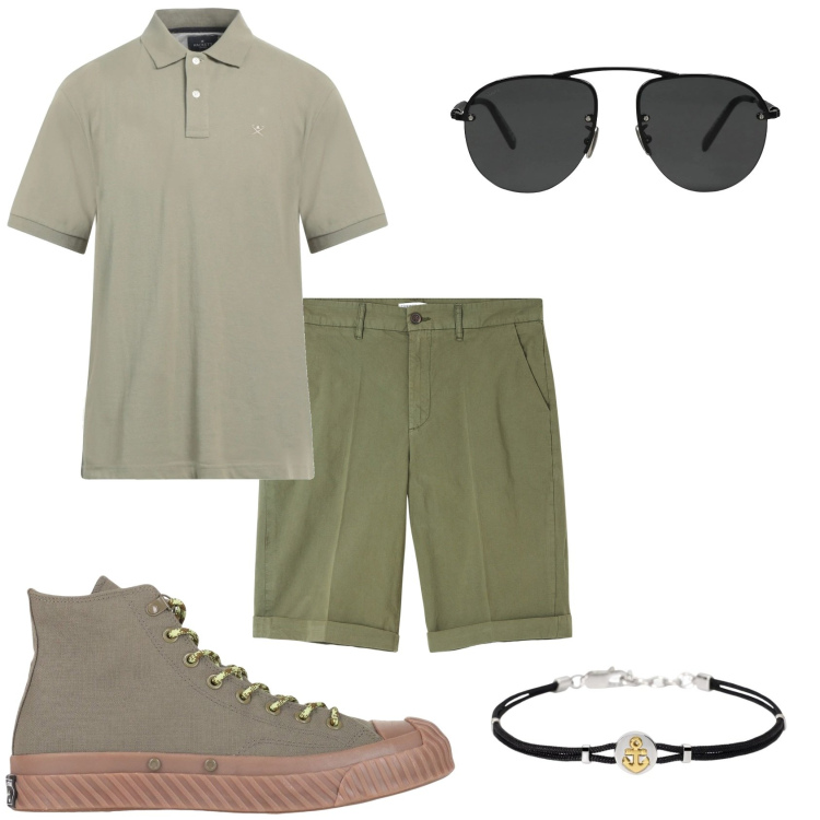 Outfit uomo - Il pomeriggio in verde. Stile Urban per Tutti i giorni. Abbinamento con sneakers alte, occhiali da sole, polo, bermuda, braccialetti.