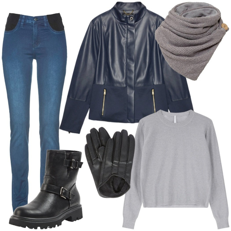 Outfit donna - Un giro in moto. Stile Urban per Tutti i giorni. Abbinamento con jeans skinny, foulard, stivaletti, maglieria, blazer, guanti.