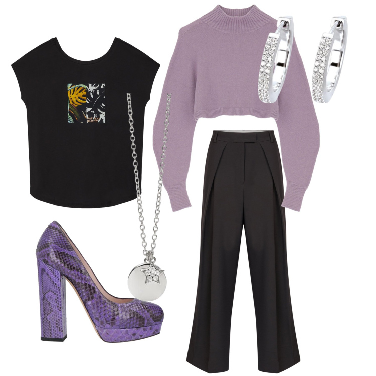 Outfit donna - Palazzo in viola. Abbinamento con décolleté, orecchini, ciondoli, maglieria, t-shirt, pantaloni.