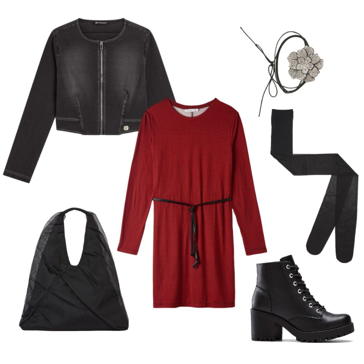 Outfit donna - Vestito rosso. Stile Basic per Tutti i giorni. Abbinamento con stivaletti, vestiti midi/longuette, collant, collane, blazer, shopping bag.