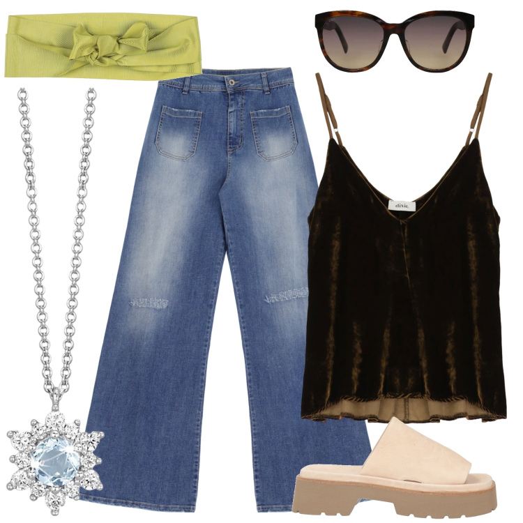 Outfit donna - 90s heat. Stile Casual Abbinamento con sandali in pelle, sciarpe, occhiali da sole, collane, canottiere, jeans.