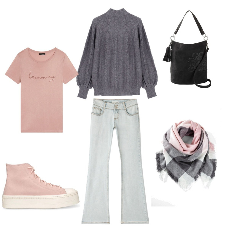 Outfit donna - Un tocco di rosa. Stile Casual per Tutti i giorni. Abbinamento con borse a mano, foulard, jeans a zampa, t-shirt, maglieria, sneakers.