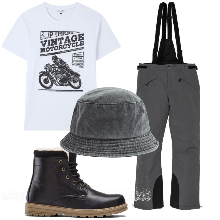 Outfit uomo - Pronti per il cantiere. per Tutti i giorni. Abbinamento con stivali e stivaletti, pantaloni, t-shirt, cappelli.