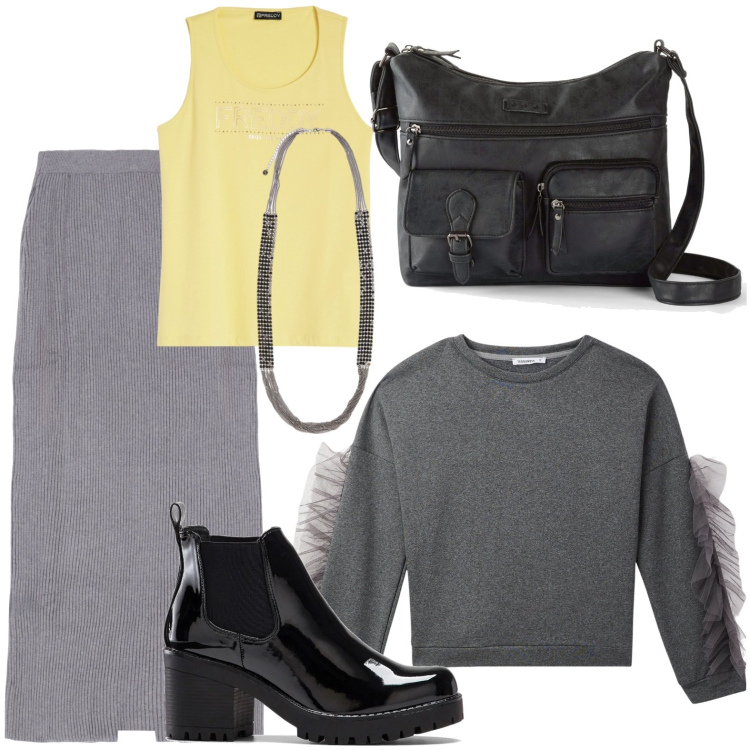Outfit donna - Felpa con toulle. Stile Basic per Scuola/Università. Abbinamento con borse a tracolla, stivaletti, felpe, gonne lunghe, canottiere, collane.