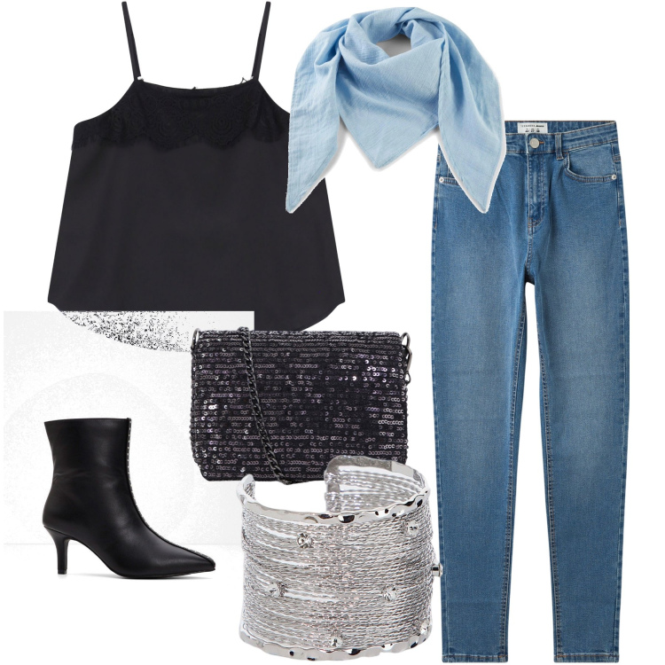 Outfit donna - Il bangle e la pochette brillano. Stile Glamour per Serata fuori. Abbinamento con stivaletti, foulard, jeans skinny, braccialetti, top, borse a tracolla.