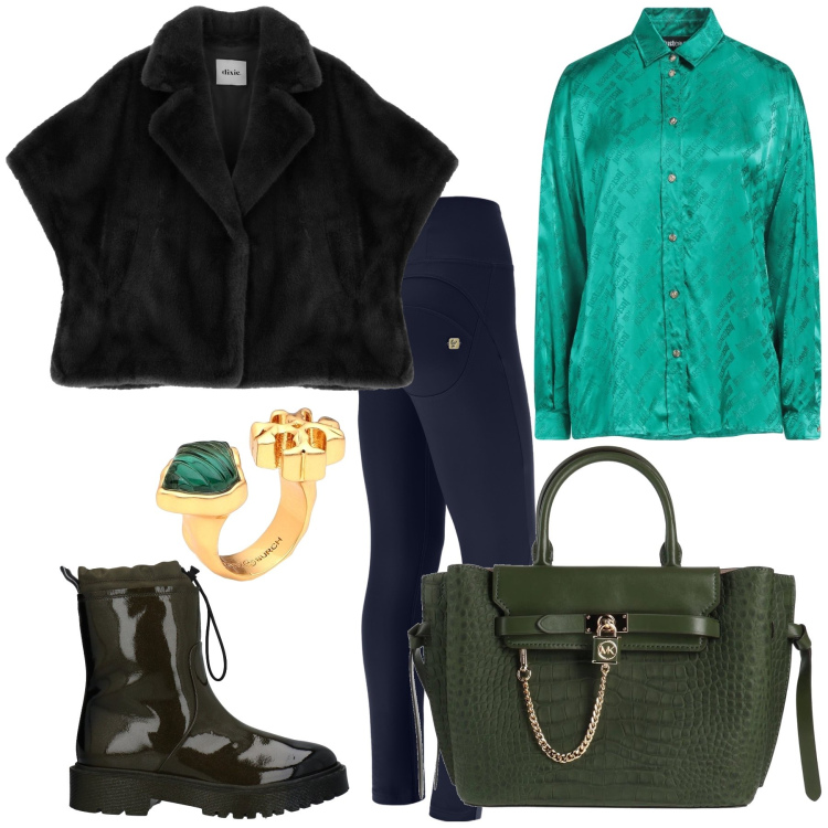 Outfit donna - Un po’ di verde per il lavoro. Stile Trendy per Ufficio. Abbinamento con stivaletti, anelli, borse a mano, camicie, pantaloni skinny, blazer.
