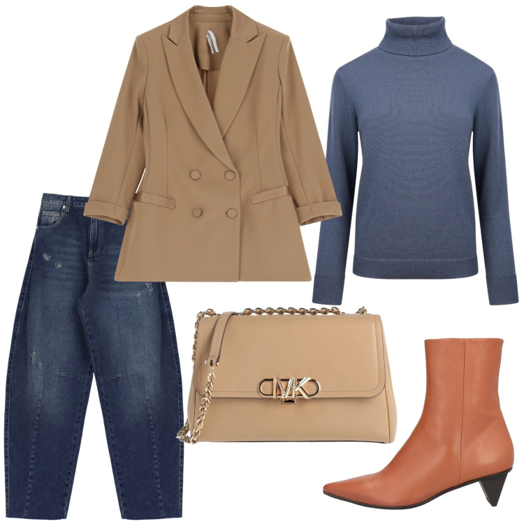 Outfit donna - Riunione di lavoro. Stile Casual per Ufficio. Abbinamento con borse a tracolla, stivaletti, blazer, jeans, maglieria.
