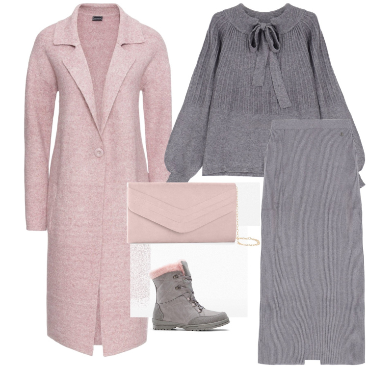 Outfit donna - Rosa e grigio al cinema. Stile Bon Ton per Serata fuori. Abbinamento con cappotti, pochette, stivali, gonne lunghe, pullovers.