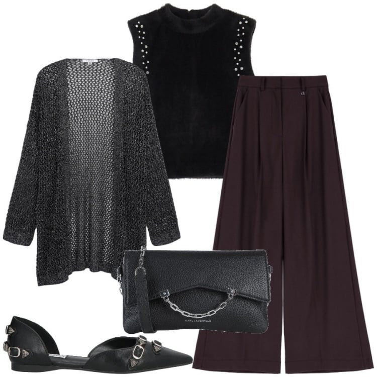 Outfit donna - Black. Stile Rock per Serata fuori. Abbinamento con ballerine, borse a tracolla, kimono, top, pantaloni.