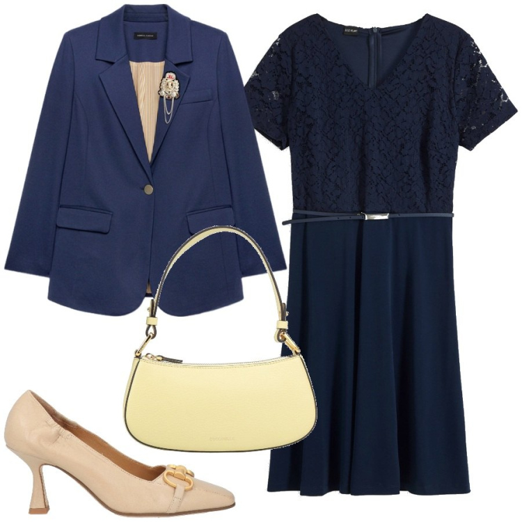 Outfit donna - La spilla all\'occhiello. Stile Bon Ton per Cerimonia. Abbinamento con vestiti corti, décolleté, borse a mano, blazer.