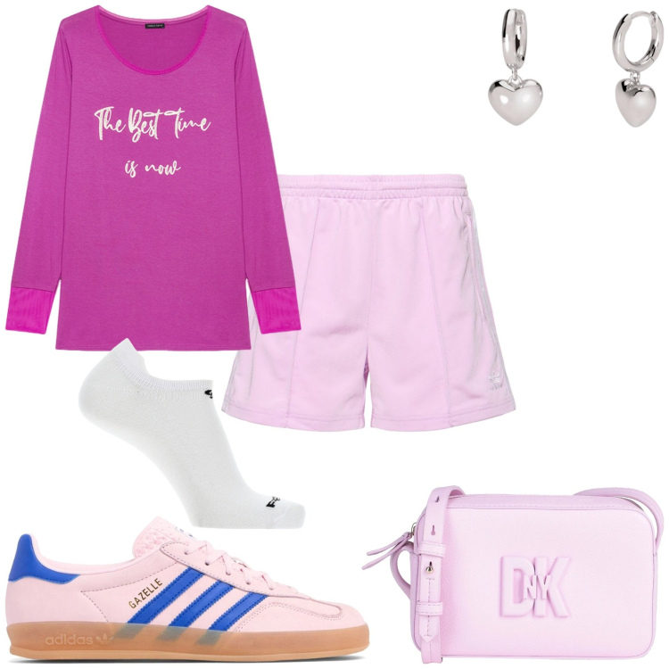 Outfit donna - Per la città. Stile Casual per Tutti i giorni. Abbinamento con borse a tracolla, orecchini, calzini, t-shirt, shorts, sneakers.
