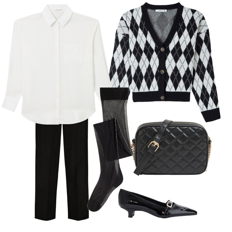 Outfit donna - Il cardigan a rombi. Stile Preppy per Ufficio. Abbinamento con collant, borse a tracolla, camicie, cardigans, ballerine, pantaloni.