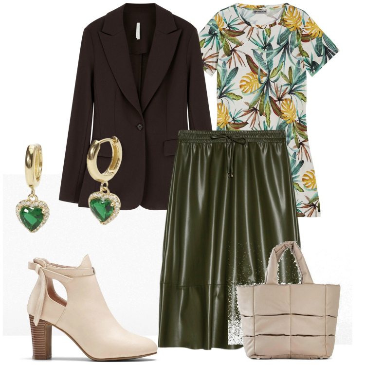 Outfit donna - Verde. per Tutti i giorni. Abbinamento con stivaletti, borse a mano, orecchini, blazer, vestiti, gonne longuette.