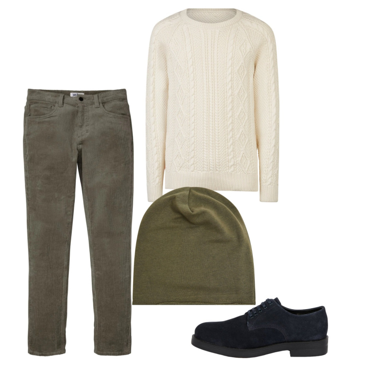 Outfit uomo - Total look. Stile Casual per Tutti i giorni. Abbinamento con pantaloni, berretti, maglieria, scarpe stringate.