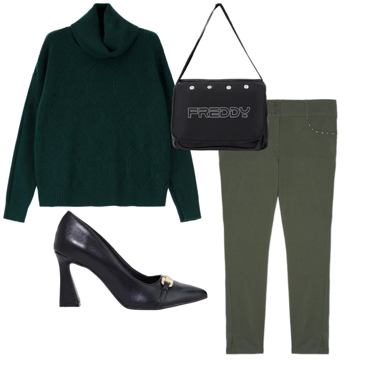 Outfit donna - Verde. Stile Bon Ton per Ufficio. Abbinamento con maglieria, stivaletti, borse messenger, pantaloni skinny.