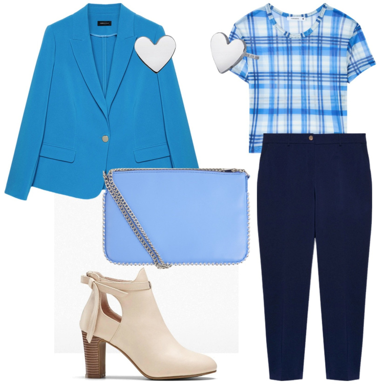 Outfit donna - Azzurro, il pomeriggio è azzurro. per Tutti i giorni. Abbinamento con stivaletti, borse a tracolla, t-shirt, orecchini, blazer, pantaloni.