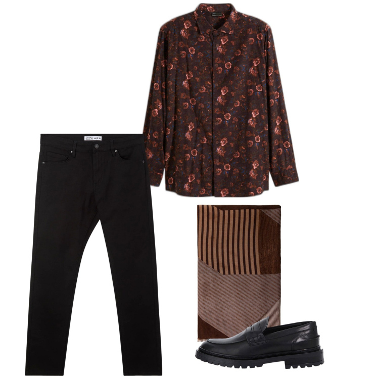Outfit uomo - Total look. Stile Casual per Tutti i giorni. Abbinamento con camicie, sciarpe, scarpe stringate, pantaloni skinny.