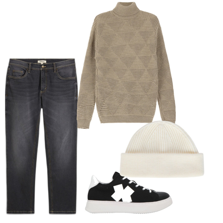 Outfit uomo - Total look. Stile Casual per Tutti i giorni. Abbinamento con jeans dritti, sneakers, maglieria, berretti.