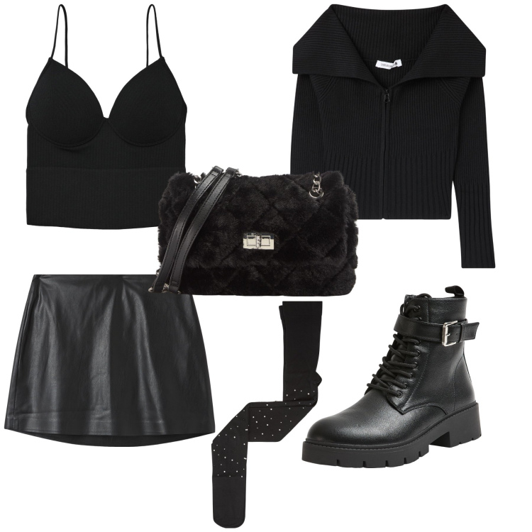 Outfit donna - Total look #2046680. Stile Rock per Serata fuori. Abbinamento con cardigans, collant, minigonne, borse a spalla, top, anfibi.