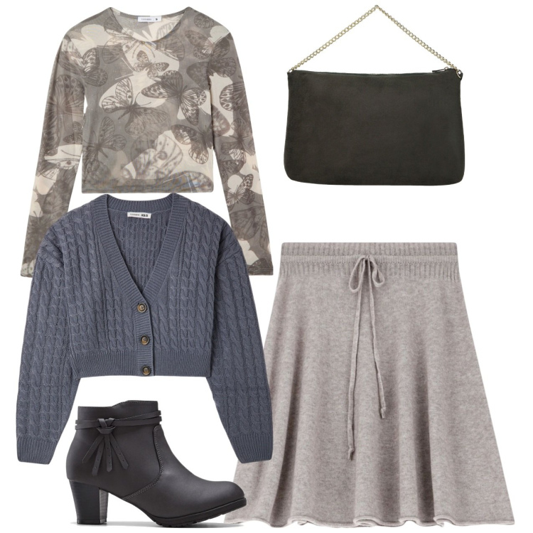 Outfit donna - Grigio. Stile Bon Ton per Tutti i giorni. Abbinamento con stivaletti, t-shirt, cardigans, minigonne, pochette.