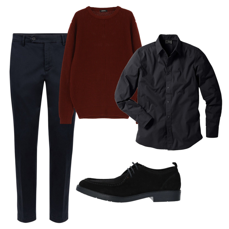 Outfit uomo - Total look. Stile Casual per Tutti i giorni. Abbinamento con camicie, scarpe stringate, maglieria, pantaloni chino.