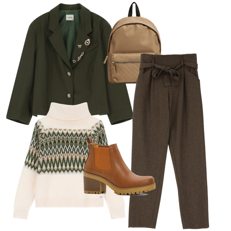 Outfit donna - Il blazer corto. Stile Bon Ton per Tutti i giorni. Abbinamento con stivaletti chelsea, zaini, maglieria, pantaloni, blazer.
