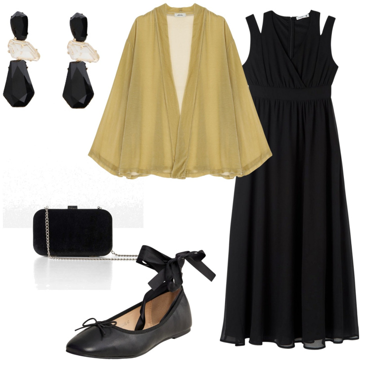 Outfit donna - Serata geniale. per Serata fuori. Abbinamento con pochette, vestiti lunghi, ballerine, blazer, orecchini.