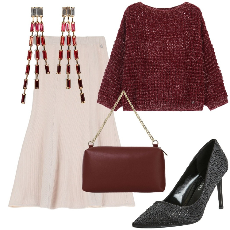 Outfit donna - Serata speciale. Stile Chic per Serata fuori. Abbinamento con orecchini, décolleté, maglieria, borse a tracolla, gonne lunghe.