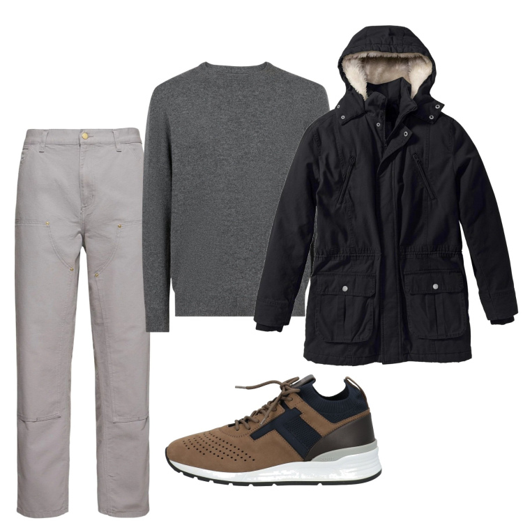 Outfit uomo - Total look. Stile Urban per Tutti i giorni. Abbinamento con parka, sneakers, maglieria, pantaloni.