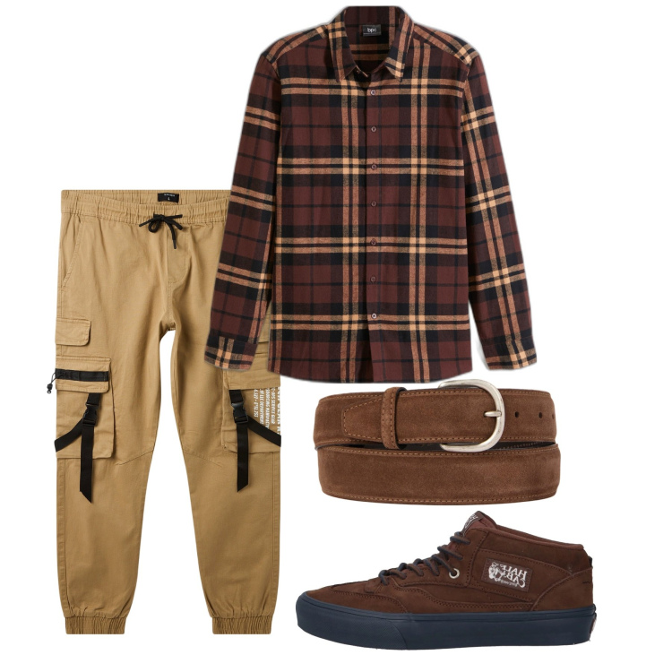 Outfit uomo - Total look. Stile Casual per Tutti i giorni. Abbinamento con camicie, sneakers alte, pantaloni cargo, cinture.