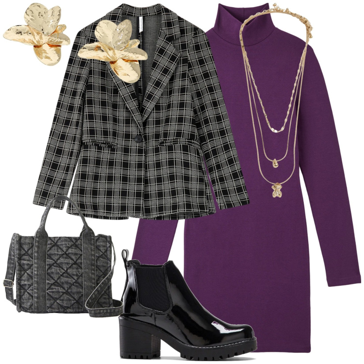 Outfit donna - Uscita. per Tutti i giorni. Abbinamento con borse a mano, stivaletti, vestiti midi/longuette, ciondoli, blazer, orecchini.